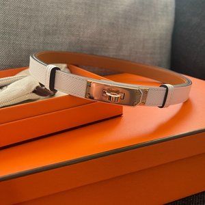 HERMES Kelly Belt, White/Rose Gold Hardware